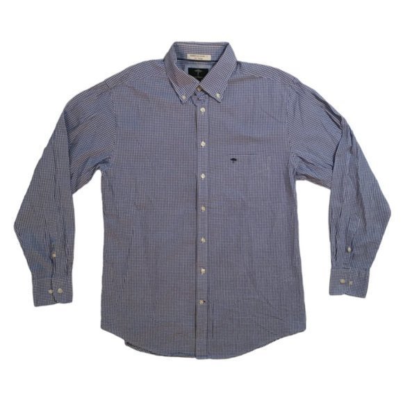 Fynch Hatton Mens Button Down Shirt Blue Checkered Compact Cotton Sz L 41/42 euc - Picture 2 of 5